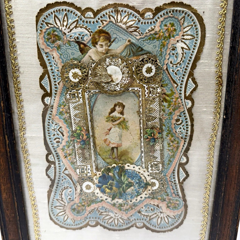 Antique Victorian 3D Mechanical Paper Lace Valentine Dresden Foil Framed Art